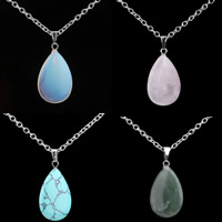 Gemstone Necklaces, with iron chain, Teardrop, silver color plated, natural & oval chain, 25mm Approx 19.5 Inch 