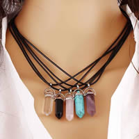 Gemstone Necklaces, with PU Leather & Zinc Alloy, with 5cm extender chain, pendulum, silver color plated, natural 41mm Approx 17 Inch 