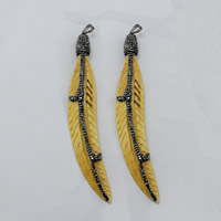 Antique Bone Resin Pendants, with Rhinestone Clay Pave & Brass, Feather, plumbum black color plated, imitation ox bone, yellow Approx 