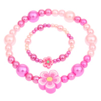 Conjunto de joyas de plástico de los niños, Perlas de plástico ABS, pulsera, con Arcilla polimero, Flor, para  los niños, color rojo rosado brillante, 14x13x5-7x6x3mm, longitud:aproximado 5 Inch, aproximado  3 Inch, Vendido por Set