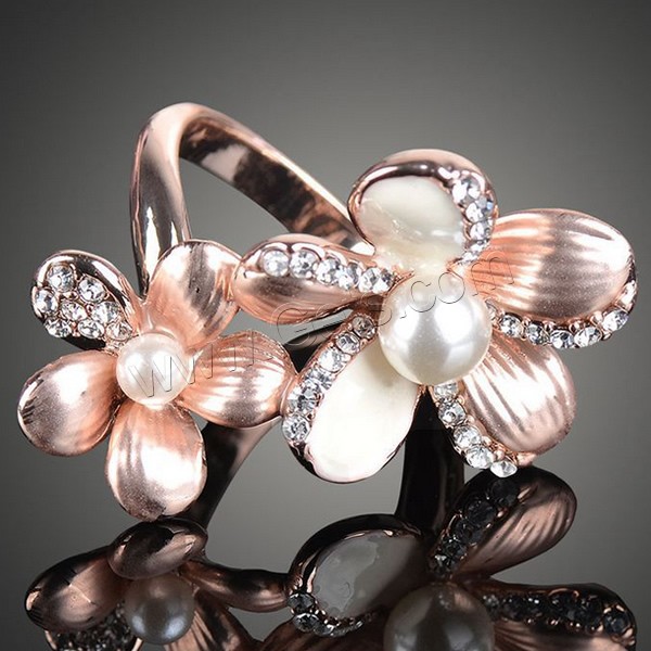 Glass Pearl Zinc Alloy Finger Ring, with Glass Pearl, Flower, rose gold color plated, different size for choice & enamel & with rhinestone, 20x33mm, Sold By PC