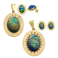 Fashion Stainless Steel Jewelry Sets, pendant & earring, with Shell Paper, Flat Oval, gold color plated, with roman number & epoxy gel Approx 