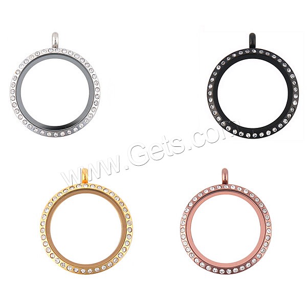 Stainless Steel Floating Locket, Flat Round, plated, with rhinestone, more colors for choice, 30x7mm, Hole:Approx 5mm, Sold By PC