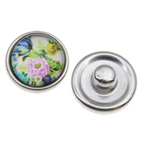 Jewelry Snap Button, Zinc Alloy, with Glass, Flat Round, platinum color plated, decal, lead & cadmium free 