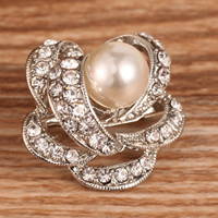 Glass Pearl Brooch, Zinc Alloy, with Glass Pearl, Rose, platinum color plated, with rhinestone, 16mm 