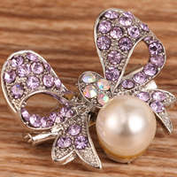 Glass Pearl Brooch, Zinc Alloy, with Glass Pearl, Bowknot, platinum color plated, with rhinestone, 20mm 