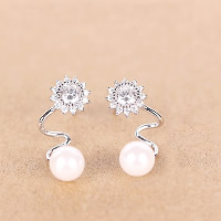 Sterling Silver Natural Pearl Stud Earring, 925 Sterling Silver, with rubber earnut & Freshwater Pearl, Flower, micro pave cubic zirconia 