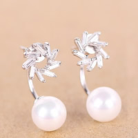 925 Sterling Silver Split Earring, with Freshwater Pearl, Flower, natural, with cubic zirconia 