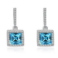 Cubic Zirconia Micro Pave Sterling Silver Earring, Brass, with rubber earnut & Crystal, Square, micro pave cubic zirconia 