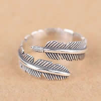Thailand Sterling Silver Cuff Finger Ring, Feather, open, 13mm, US Ring 