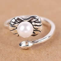 Thailand Sterling Silver Cuff Finger Ring, with Freshwater Pearl, Bowknot, natural, open, 6mm, US Ring 
