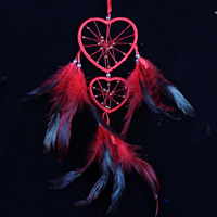 Fashion Dream Catcher, Iron, with Feather & Satin Ribbon & Nylon Cord, Heart, red, nickel, lead & cadmium free 