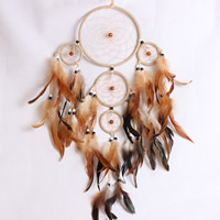 Fashion Dream Catcher, Iron, with Feather & Nylon Cord & Wood, Flat Round, coffee color, nickel, lead & cadmium free 