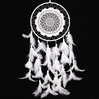 Fashion Dream Catcher, Iron, with Feather & Nylon Cord & Glass Seed Beads, Flat Round, white, nickel, lead & cadmium free 