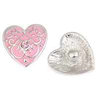 Jewelry Snap Button, Zinc Alloy, Heart, platinum color plated, enamel & with rhinestone, pink, lead & cadmium free 