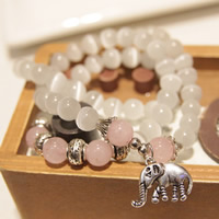 Bracelets Chatoyant, Oeil de chat, avec quartz rose & alliage de zinc, éléphant, Plaqué de couleur d'argent, naturel & 3 brins, 530mm Environ 20.5 pouce, Vendu par brin