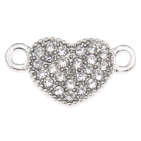 Rhinestone Zinc Alloy Connector, Heart, platinum color plated, with rhinestone & 1/1 loop, lead & cadmium free Approx 1.5mm 