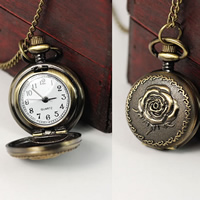 Ожереловые наручные часы, цинковый сплав, с железный цепи & Стеклянный, китайское движение, Форма цветка, Покрытие под бронзу старую, твист овал, 27mm, длина:Приблизительно 32 дюймовый, продается Strand