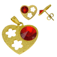 Parures de bijoux en acier inoxydable, pendentif & boucle d'oreille, avec cristal, coeur, Placage de couleur d'or, facettes & poudre d'étoile, rouge  Environ Vendu par fixé