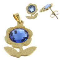 Parures de bijoux en acier inoxydable, pendentif & boucle d'oreille, avec cristal, fleur, Placage de couleur d'or, facettes & poudre d'étoile, bleu  Environ Vendu par fixé
