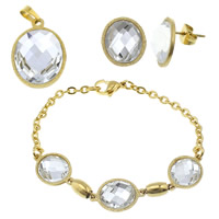 Fashion Stainless Steel Jewelry Sets, pendant & bracelet & earring, with Crystal, Flat Oval, gold color plated, oval chain & faceted & stardust, clear Approx Approx 6.5 Inch 