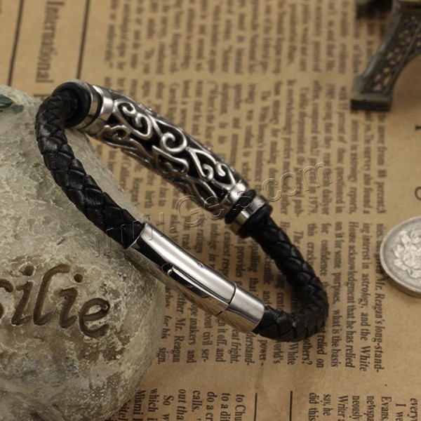 Men Bracelet, Cowhide, with Silicone & Stainless Steel, different length for choice & for man & hollow, black, 43x11mm, Sold By Strand