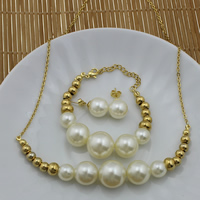 Fashion Stainless Steel Jewelry Sets, bracelet & earring & necklace, with Glass Pearl, gold color plated, graduated beads & oval chain     Approx 21.5 Inch 