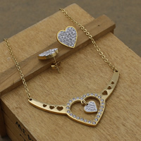 Rhinestone stainless steel Jewelry Set, earring & necklace, with Clay Pave, Heart, gold color plated, oval chain & with rhinestone Approx 20.5 Inch 
