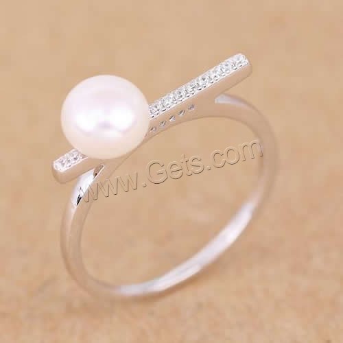 perla anillo de dedo de plata, plata de ley 925, con Perlas cultivadas de agua dulce, natural, diverso tamaño para la opción & micro arcilla de zirconia cúbica, 7mm, Vendido por UD