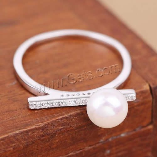Pearl Sterling Silver Finger Ring, 925 Sterling Silver, with Freshwater Pearl, natural, different size for choice & micro pave cubic zirconia, 7mm, Sold By PC
