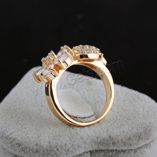 Кубическое цирконовое латунное кольцо, Латунь, Форма цветка, плакированный настоящим золотом, разный размер для выбора & с кубическим цирконием, 14mm, продается PC