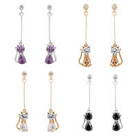 Cubic Zircon Brass Earring, Cat, plated, without earnut & with cubic zirconia & faceted 245mm 
