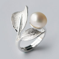 925 Sterling Silver Cuff Finger Ring, with Freshwater Pearl, Leaf, natural, open US Ring 