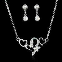 Rhinestone Zinc Alloy Jewelry Set, earring & necklace, with rubber earnut, Heart, platinum color plated, oval chain & with rhinestone  Approx 17.7 Inch 