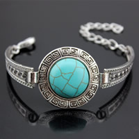 Zinc Alloy Turquoise Bracelets, with Synthetic Turquoise, with 5cm extender chain, Flat Round, antique silver color plated, lead & cadmium free, 45mm Approx 7.5 Inch 