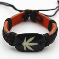 Cowhide Bracelets, with Waxed Cotton Cord & Resin, Marijuana Leaf, adjustable, 45mm Approx 7.5 Inch 