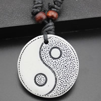 Resin Necklace, with Waxed Cotton Cord & Wood, Flat Round, imitation ox bone & ying yang Approx 17.5 Inch 