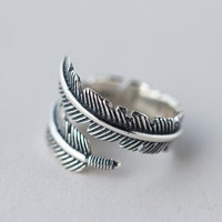 Thailand Sterling Silver Open Finger Ring, Feather, adjustable, 7mm, US Ring 