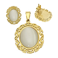 Fashion Stainless Steel Jewelry Sets, pendant & earring, with Cats Eye, Flat Oval, plated Approx 