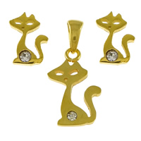 Bijoux strass en acier inoxydable Set, pendentif & boucle d'oreille, chat, Placage de couleur d'or, avec strass  Environ Vendu par fixé
