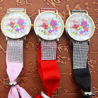 Fashion Watch Bracelet, Zinc Alloy, with Grosgrain Ribbon & Glass, Chinese movement, gold color plated, adjustable & with rhinestone 38mm Approx 9 Inch 