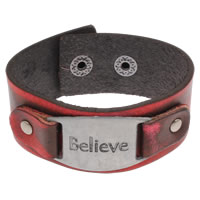Cowhide Bracelets, with Zinc Alloy, word believe, antique silver color plated, adjustable, red coffee color, nickel, lead & cadmium free, 27mm Approx 8.54 Inch 
