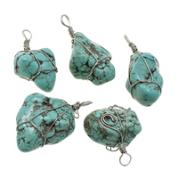 Natural Turquoise Pendants, with Brass, Nuggets, platinum color plated, green, 17-29x36-52x17-25mm Approx 2-4mm 