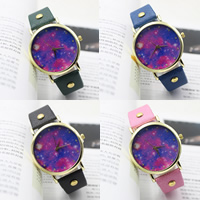 Women Wrist Watch, Zinc Alloy, with PU Leather & Glass, Chinese movement, gold color plated, starry design & adjustable & with rhinestone 38mm, 18mm Approx 9 Inch 
