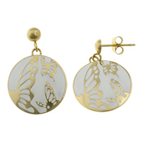 Stainless Steel Drop Earring, Flat Round, gold color plated, enamel 29mm 