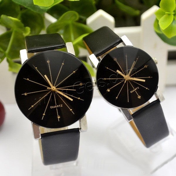Paar Uhrenarmbänder, PU Leder, mit Zinklegierung Zifferblatt & Glas, chinesische Bewegung, Platinfarbe platiniert, verschiedene Stile für Wahl, schwarz, verkauft von PC