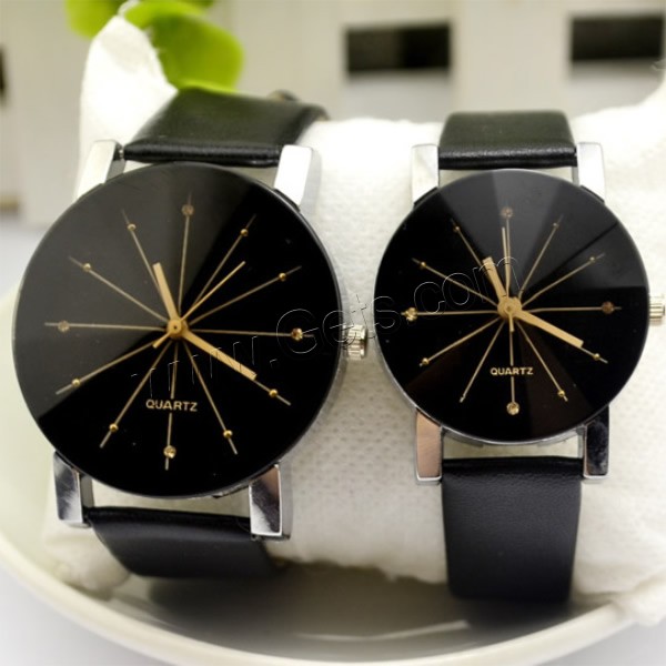 Couple Watch Bracelets, PU Leather, with zinc alloy dial & Glass, Chinese movement, platinum color plated, different styles for choice, black, Sold By PC