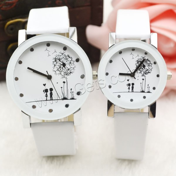 Couple Watch Bracelets, PU Leather, with zinc alloy dial & Glass, Chinese movement, platinum color plated, different styles for choice, white, Sold By PC