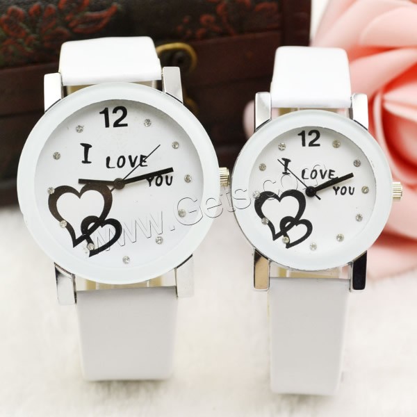 Couple Watch Bracelets, PU Leather, with zinc alloy dial & Glass, Chinese movement, word I love you, platinum color plated, different styles for choice & with rhinestone, white, Sold By PC