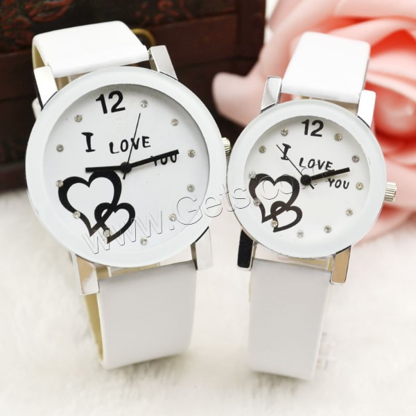 Couple Watch Bracelets, PU Leather, with zinc alloy dial & Glass, Chinese movement, word I love you, platinum color plated, different styles for choice & with rhinestone, white, Sold By PC